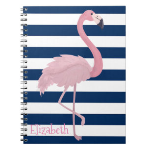 Cuaderno Flamenco Rosa, Rayas Azul Marino-Personalizado