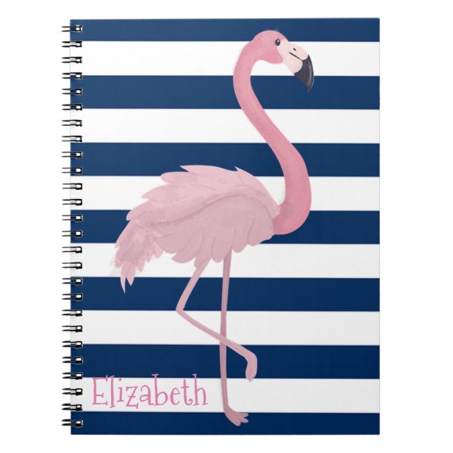 Cuaderno Flamenco Rosa, Rayas Azul Marino-Personalizado (Frente)