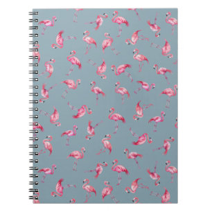 Cuaderno Flamencos de Acuarela Esparcidos sobre Gris Azul C