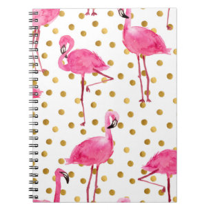 Cuaderno Flamencos rosas, puntos dorados, acuarela.
