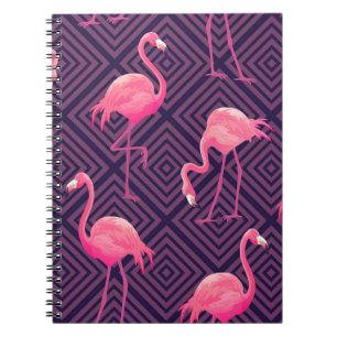 Cuaderno Flamencos vintage, fondo geométrico púrpura.