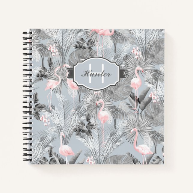 Cuaderno Flamingo Orquídea Trópico Patrón Gris ID868 (Anverso)