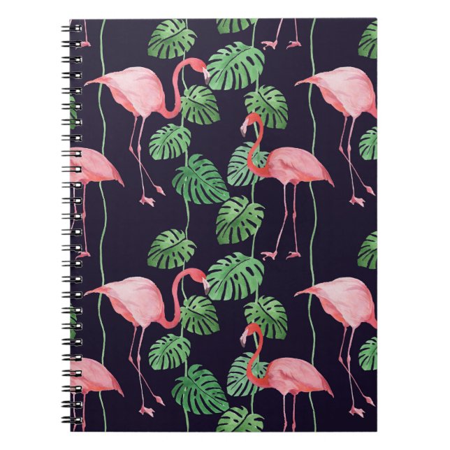 Cuaderno Flamingo Oscuro: Pequeño Patrón De Acuarela. (Frente)