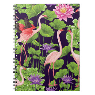 Cuaderno Flamingo, plantas tropicales, fondo negro.