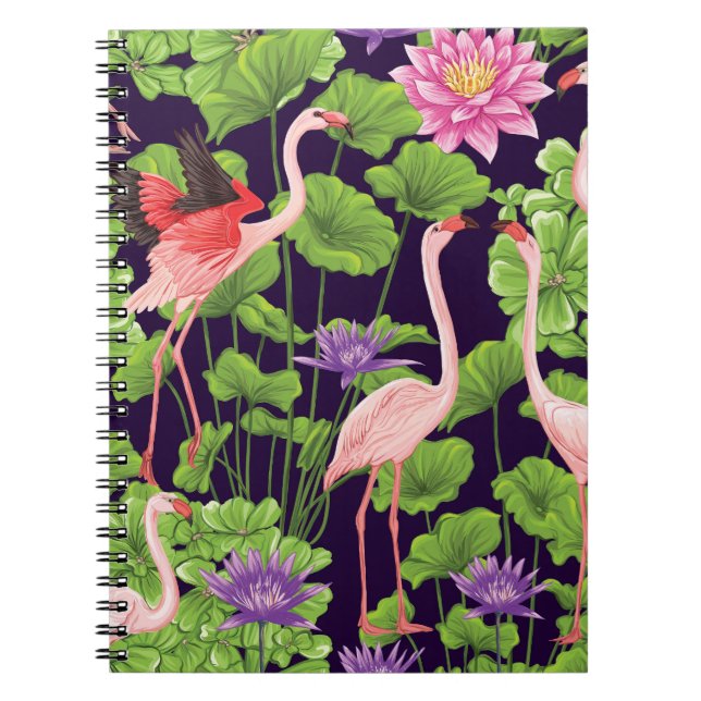 Cuaderno Flamingo, plantas tropicales, fondo negro. (Frente)