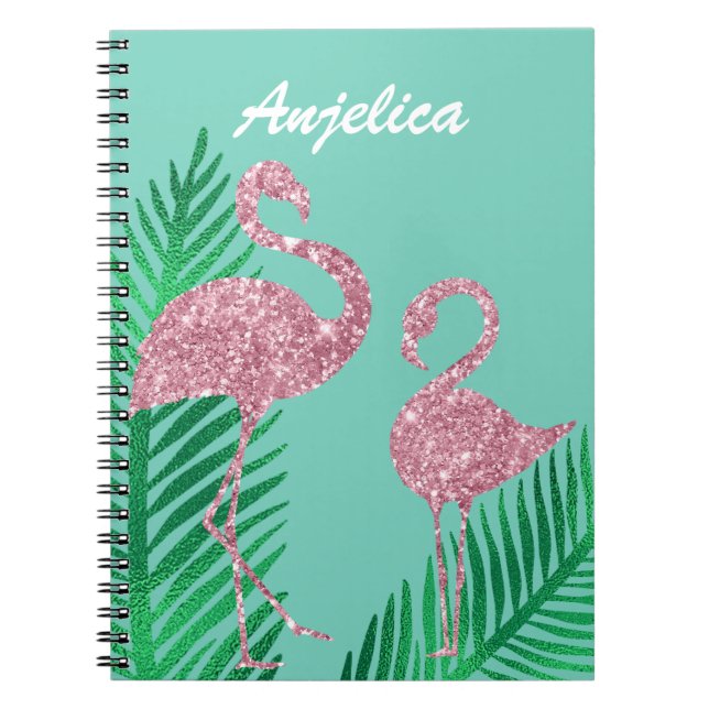 Cuaderno Flamingo Purpurina rosa retro y hojas de palma (Frente)