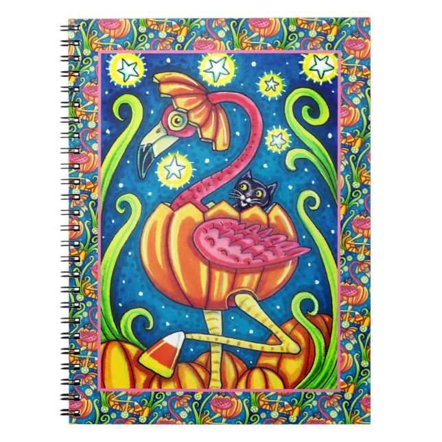 CUADERNO FLAMINGO ROJO DE HALLOWEEN Y GATO NEGRO EN PUMPKIN (Frente)