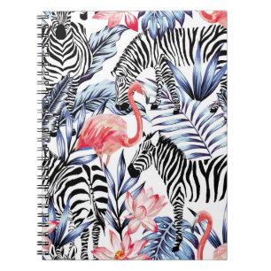 Cuaderno Flamingo rosa exótico, cebra en verano de fondo b