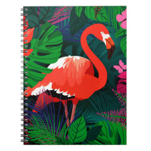 Cuaderno Flamingo rosa. Hojas tropicales, mariposa rosada,