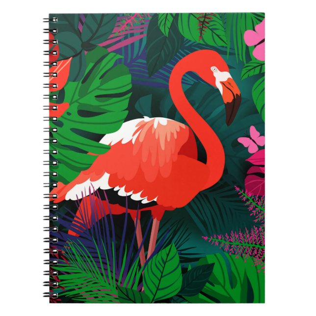 Cuaderno Flamingo rosa. Hojas tropicales, mariposa rosada,  (Frente)