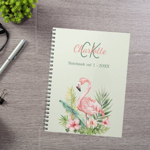 Cuaderno Flamingo rosa monograma tropical verde