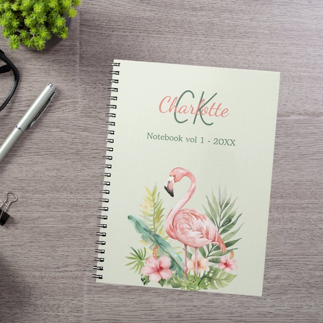 Cuaderno Flamingo rosa monograma tropical verde (Subido por el creador)