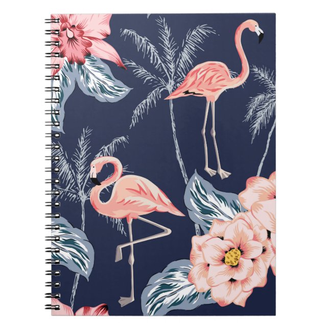 Cuaderno Flamingo rosa, palmeras, rosa, flor de orquídea, l (Frente)