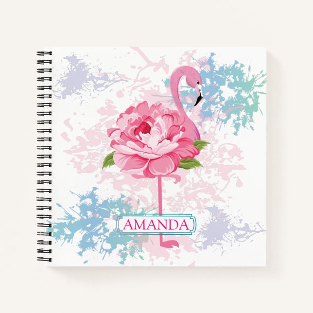 Cuaderno Flamingo rosa personalizado Diseño floral (Anverso)