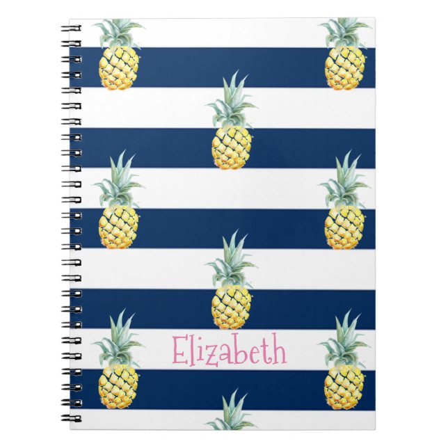 Cuaderno Flamingo Rosa, Rayas Azul Marino-Personalizado (Frente)