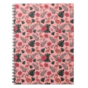 Cuaderno Flamingo rosa sin costura flores patrón y hojas