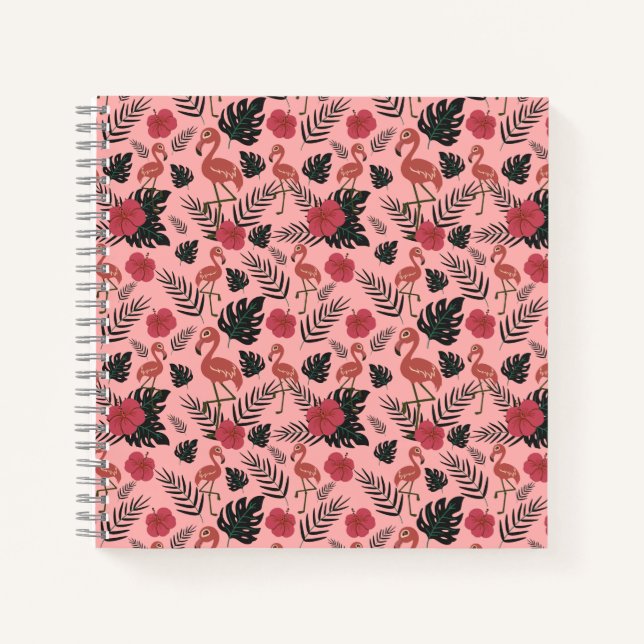 Cuaderno Flamingo rosa sin costura flores patrón y hojas (Anverso)