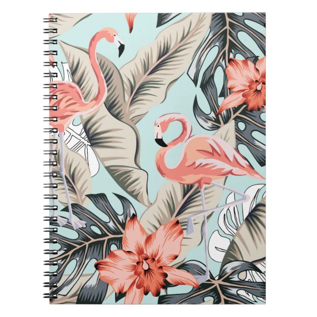 Cuaderno Flamingo rosa tropical con flores de orquídea y pu (Frente)