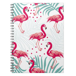 Cuaderno Flamingo y hojas tropicales, patrón de verano.