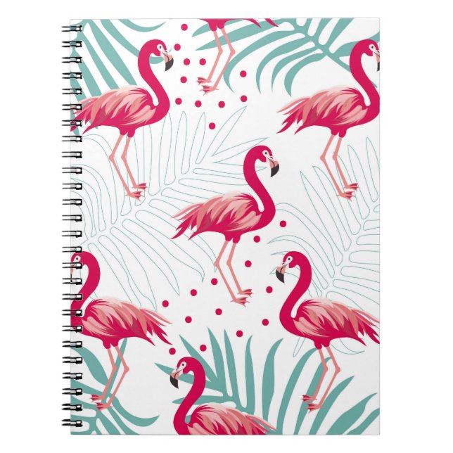 Cuaderno Flamingo y hojas tropicales, patrón de verano. (Frente)