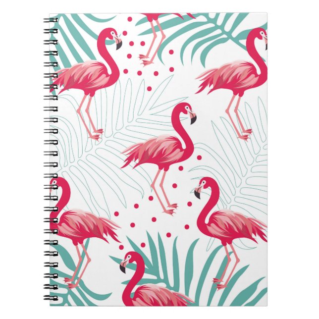 Cuaderno Flamingo y hojas tropicales, patrón de verano. (Frente)