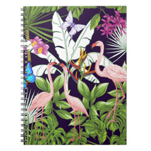 Cuaderno Flamingos, plantas tropicales: patrón vintage.
