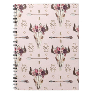 Cuaderno Flechas y cráneo de Boho, patrón de acuarela.