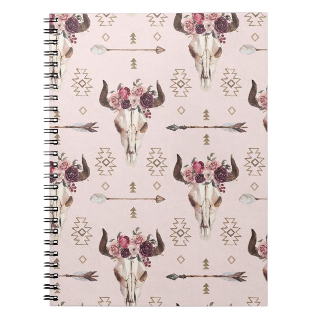 Cuaderno Flechas y cráneo de Boho, patrón de acuarela. (Frente)