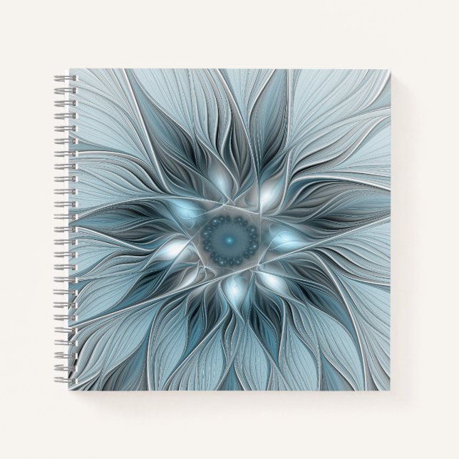 Cuaderno Flor abstracta alegre azul gris floral fractal (Anverso)