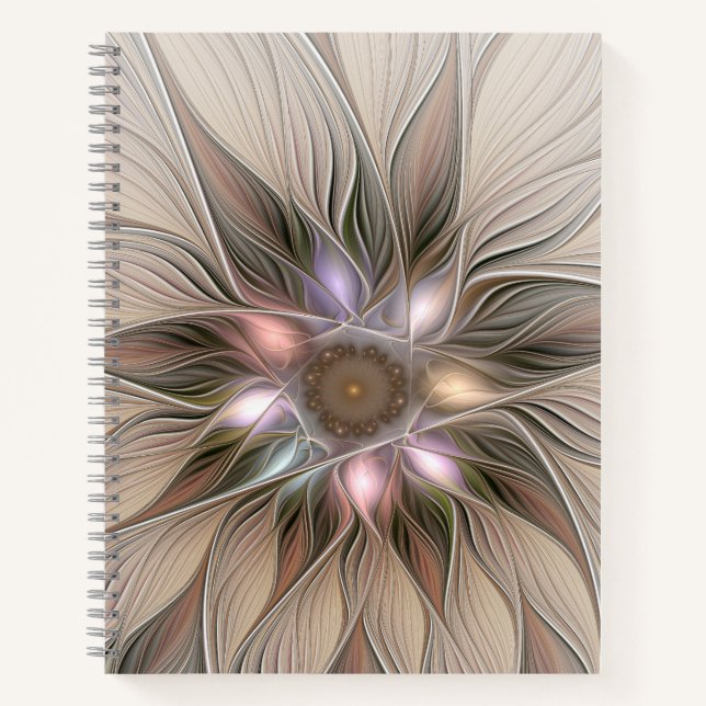 Cuaderno Flor abstracta alegre beige marrón fractal floral (Anverso)