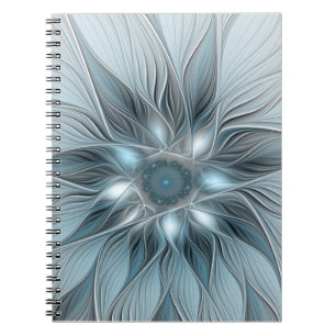 Cuaderno Flor abstracta de flor alegre azul gris fractal