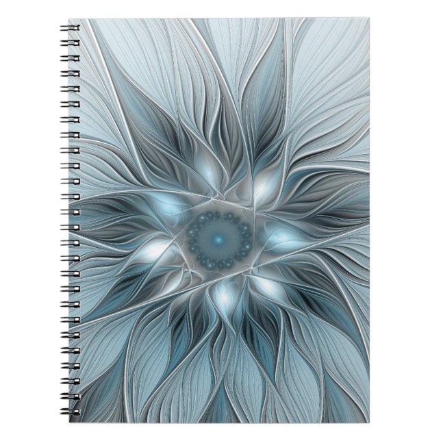 Cuaderno Flor abstracta de flor alegre azul gris fractal (Frente)