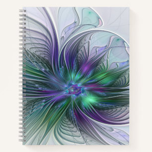 Cuaderno Flor Abstracta Moderna Fractal Verde Púrpura