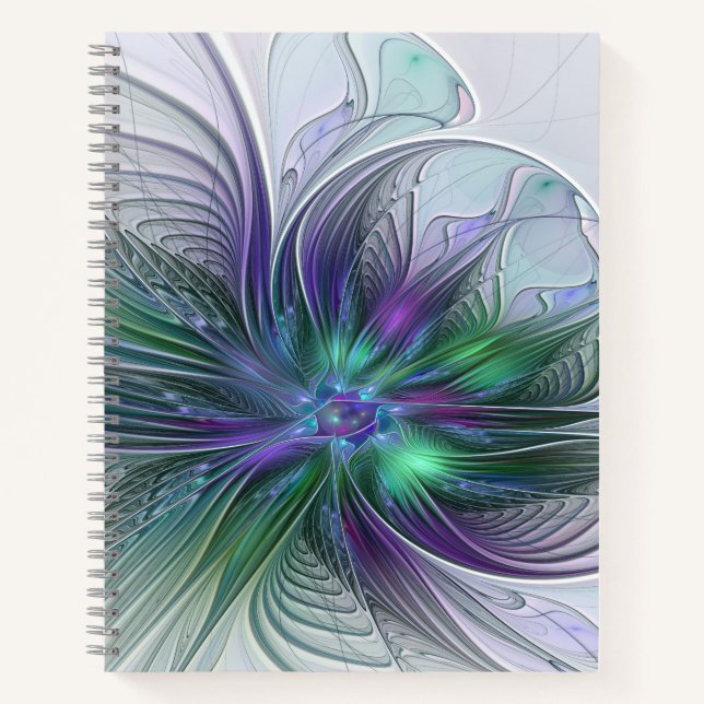 Cuaderno Flor Abstracta Moderna Fractal Verde Púrpura (Anverso)
