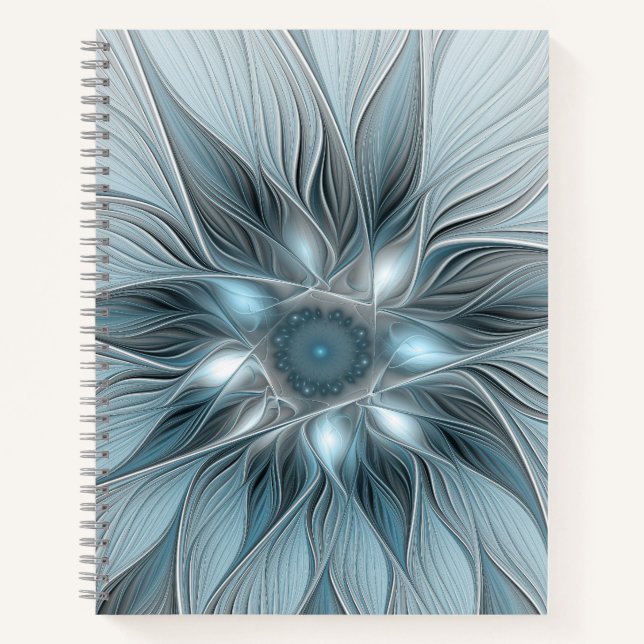 Cuaderno Flor alegre Abstracto Floral Gris azul Fractal (Anverso)