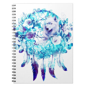 Cuaderno Flor azul púrpura Lobo blanco Dreamcatcher