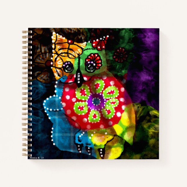Cuaderno Flor azul rojo verde de estilo Talavera de búho ca (Anverso)