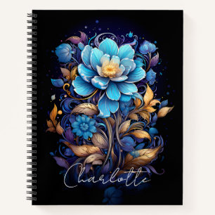 Cuaderno Flor azul vívida personalizada con nombre