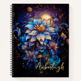 Cuaderno Flor azul y dorada con bloc de notas de nombre