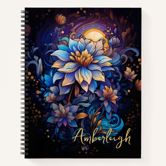 Cuaderno Flor azul y dorada con bloc de notas de nombre (Anverso)