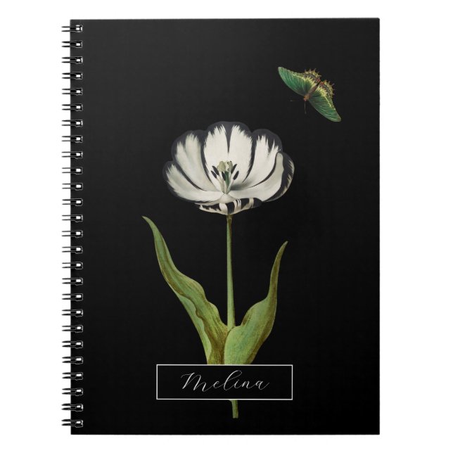 Cuaderno Flor botánica de mariposa negra y blanca (Frente)