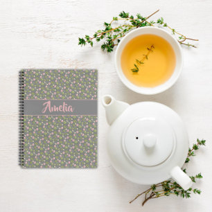 Cuaderno Flor de acuarela de patrón gris verde rosa