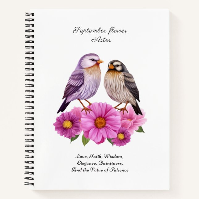Cuaderno Flor de Aster de septiembre con pájaros regalo de  (Anverso)