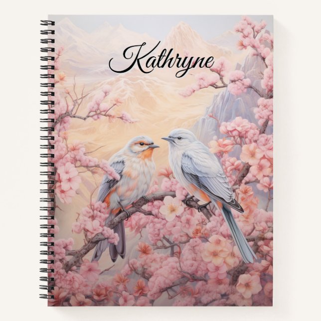 Cuaderno Flor de cerezo personalizada con pájaro (Anverso)
