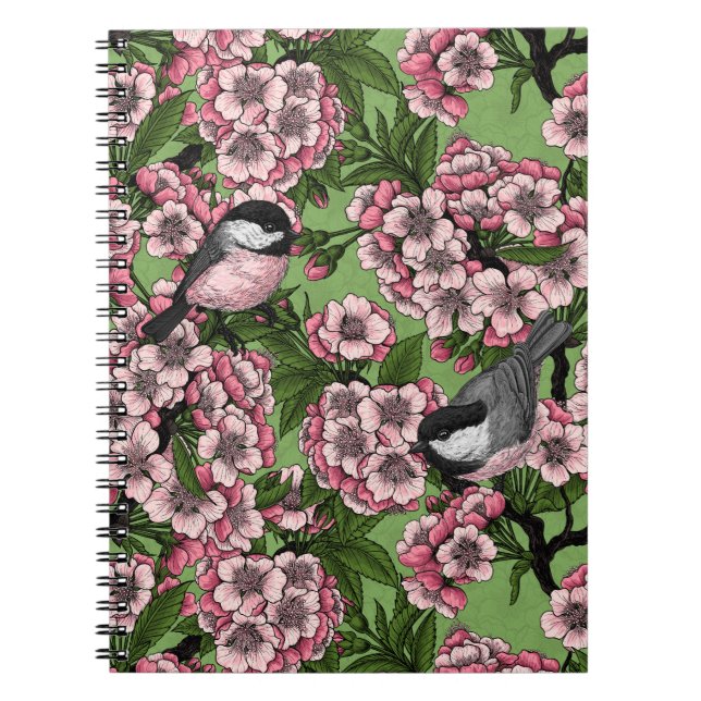 Cuaderno Flor de cerezo y pollos en verde (Frente)