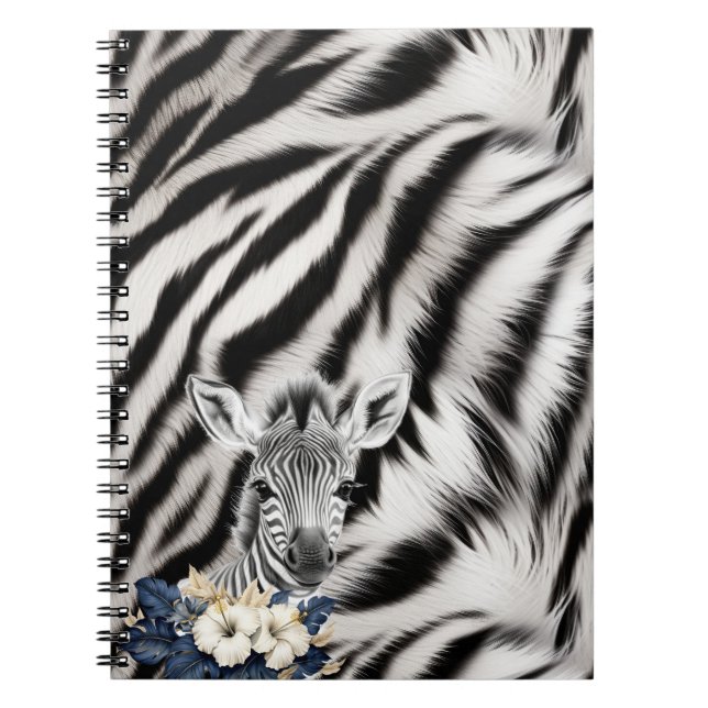 Cuaderno Flor de impresión de cebra blanca negra (Frente)