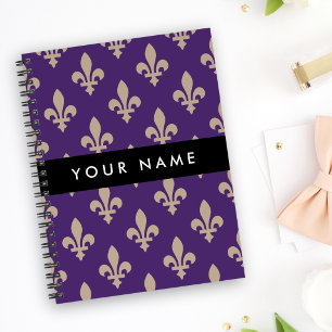 Cuaderno Flor de Lis, Beige sobre Púrpura, Real, Tu Nombre