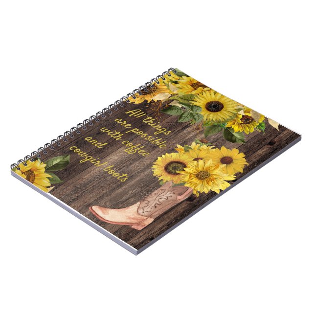 Cuaderno Flor de madera rústica girasol Cowgirl Boots Café (Lado Izquierdo)