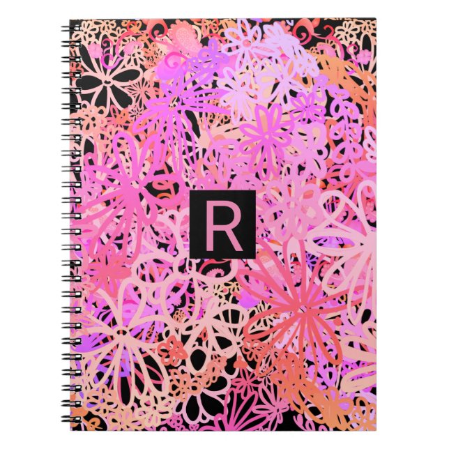 Cuaderno Flor de monograma negro rosa abstracto (Frente)