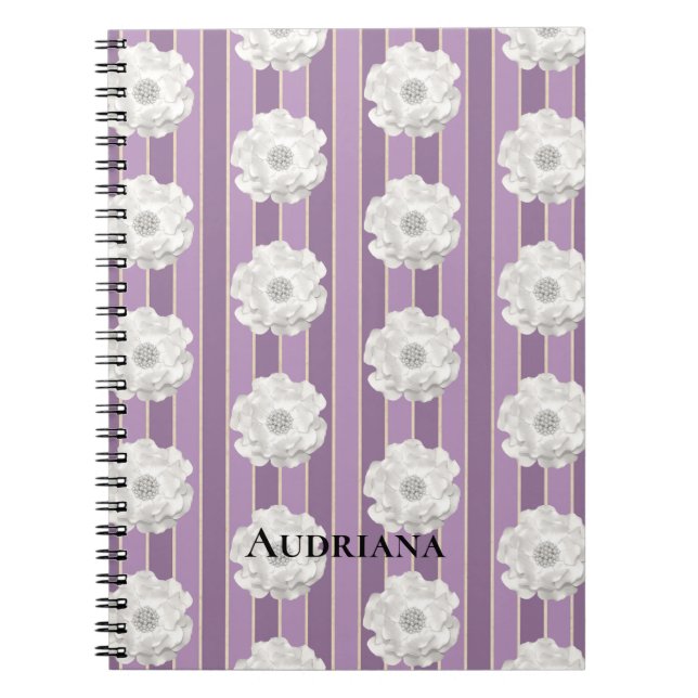 Cuaderno Flor de Perlas Blancas de Rayas Moradas (Frente)